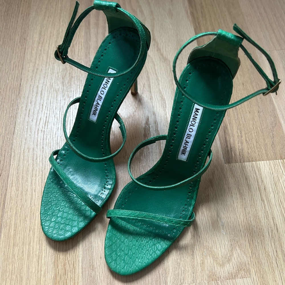 Manolo Blahnik Heels with green scale pattern. Never worn, new with box